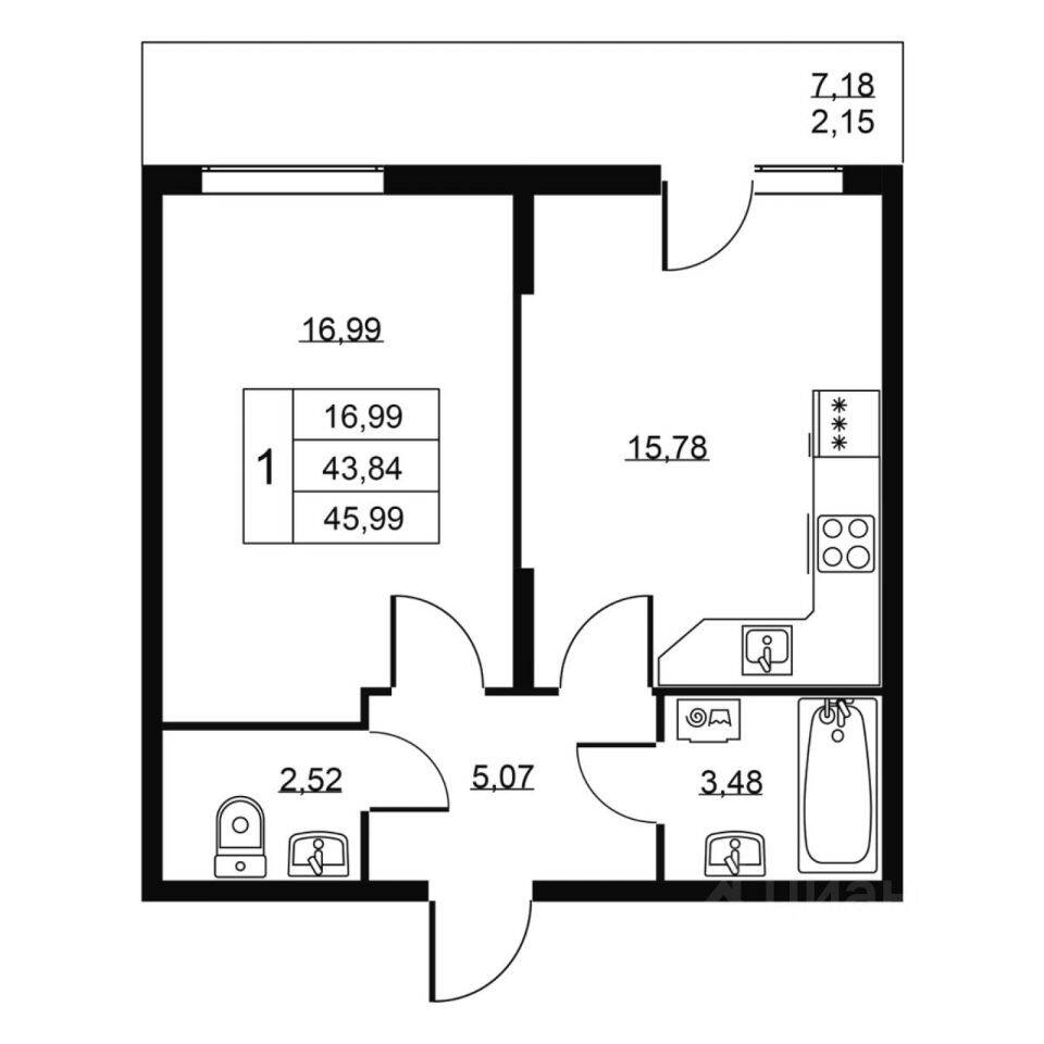 1-комн. квартира, 45,99 м², в ЖК Перспектива