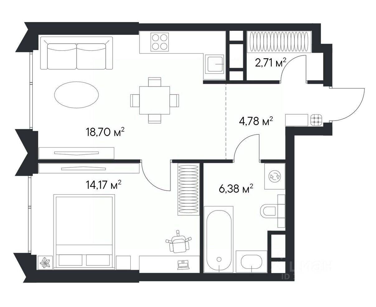 1-комн. квартира, 46,74 м², в ЖК 1-й Нагатинский