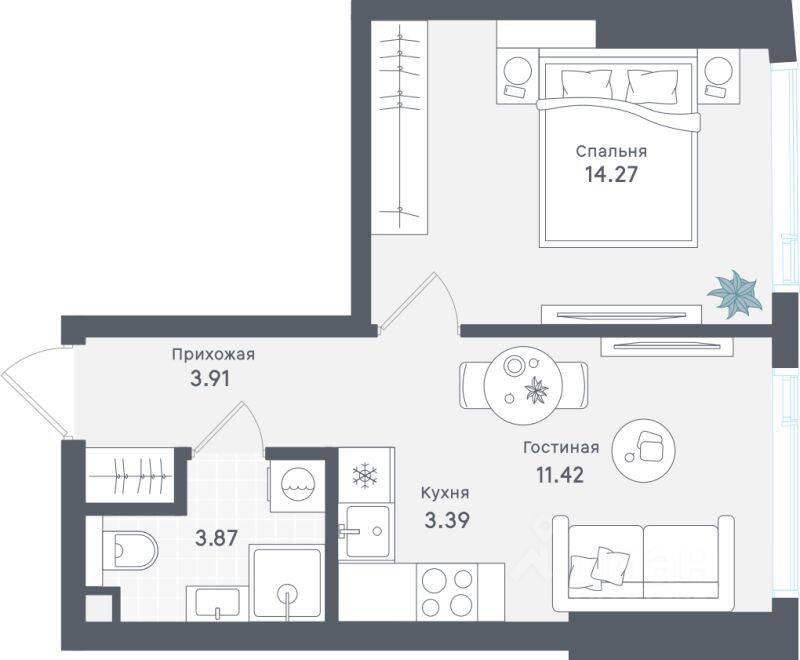 1-комн. квартира, 36,86 м², в ЖК «Солос»