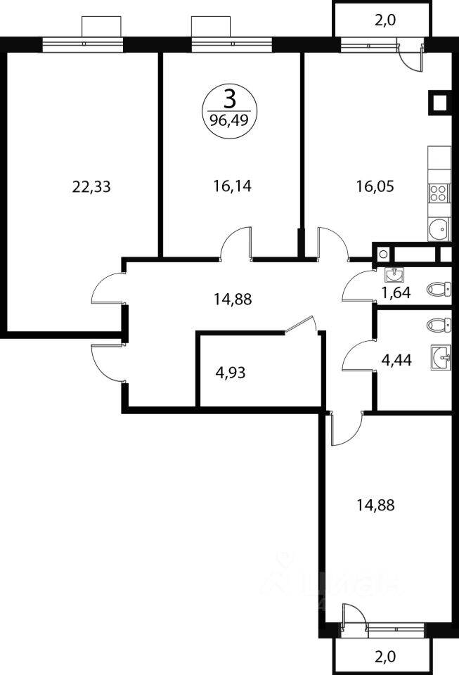 3-комн. квартира, 96,49 м², в ЖК «Катуар»