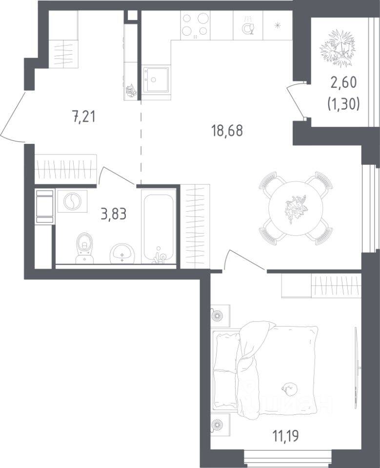 1-комн. квартира, 42,21 м², в ЖК Южная Нева