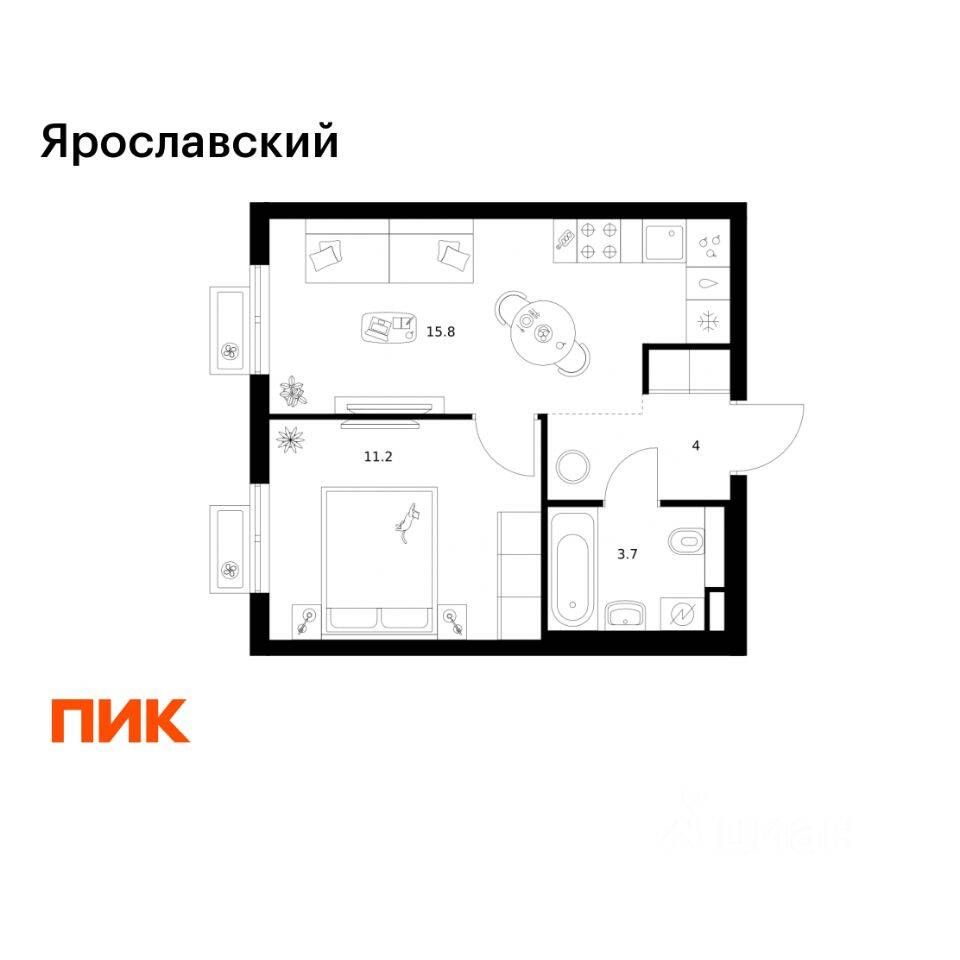 1-комн. квартира, 34,7 м², в ЖК «Ярославский»