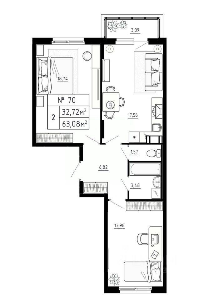 2-комн. квартира, 63,08 м², в Малоэтажный ЖК Аннино Сити