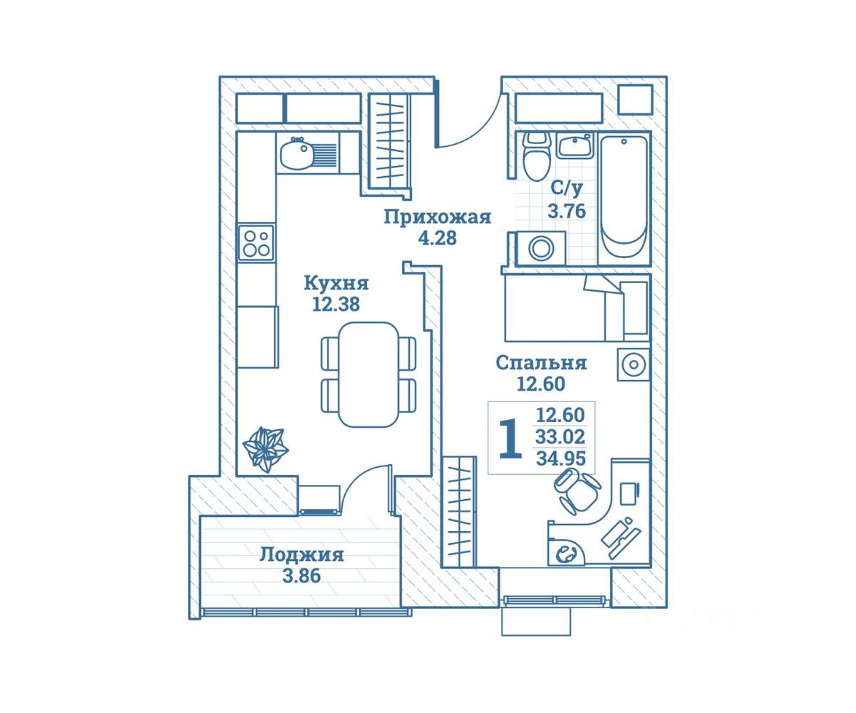 1-комн. квартира, 34,95 м², в ЖК Новоград Монино