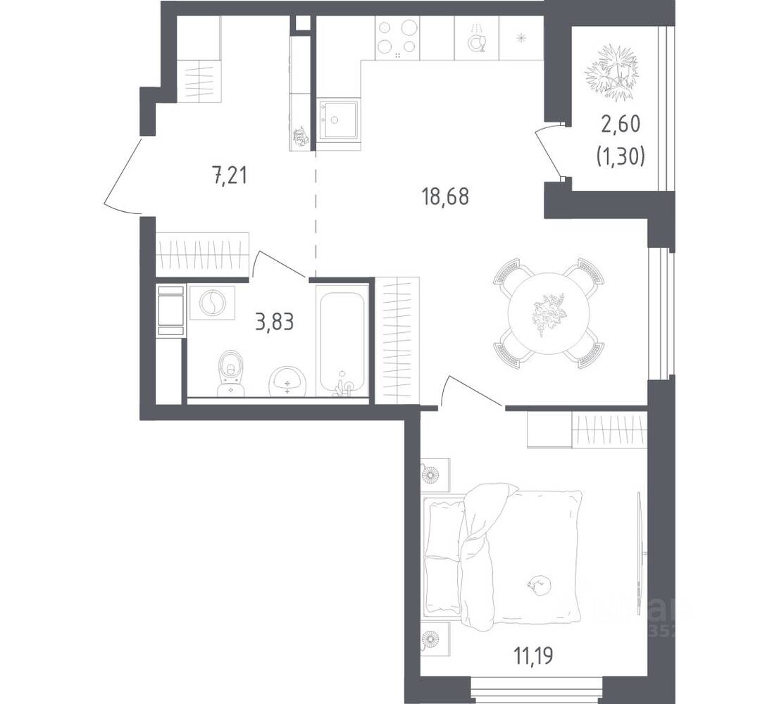 1-комн. квартира, 42,21 м², в ЖК Южная Нева