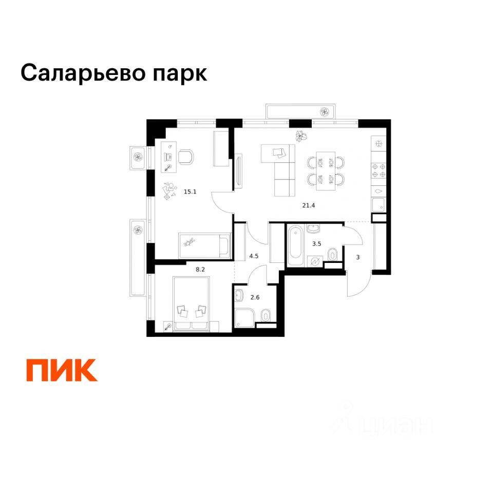 2-комн. квартира, 58,3 м², в ЖК «Саларьево парк»