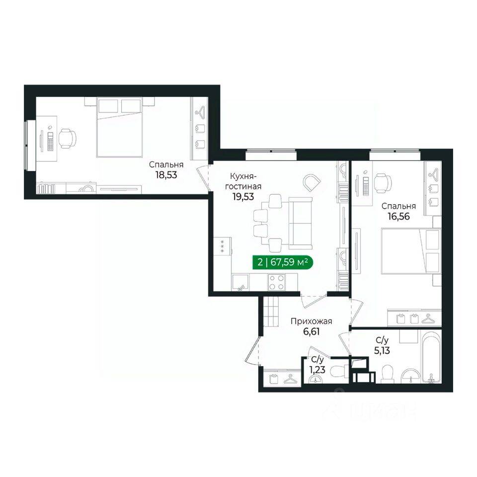 2-комн. квартира, 66,7 м², в ЖК Sertolovo Park