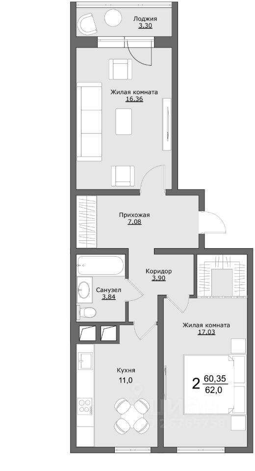 2-комн. квартира, 62,1 м², в ЖК Клевер