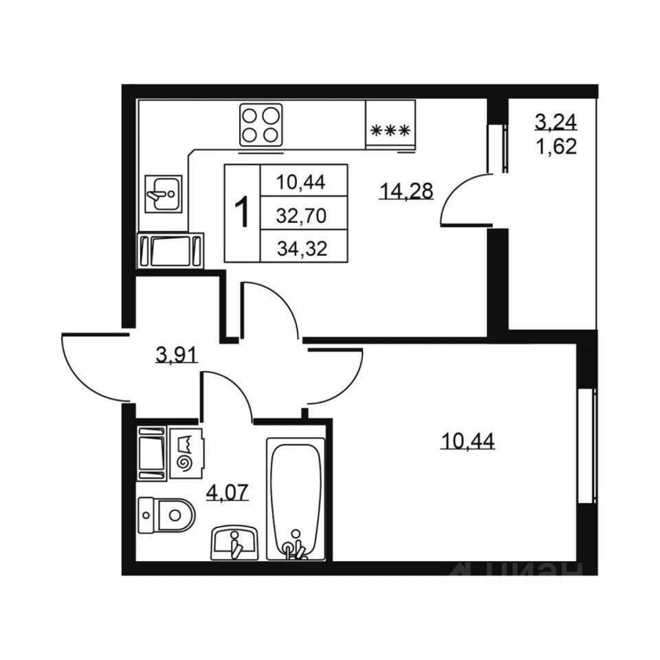 1-комн. квартира, 34,32 м², в ЖК «Высота» (Бугры)