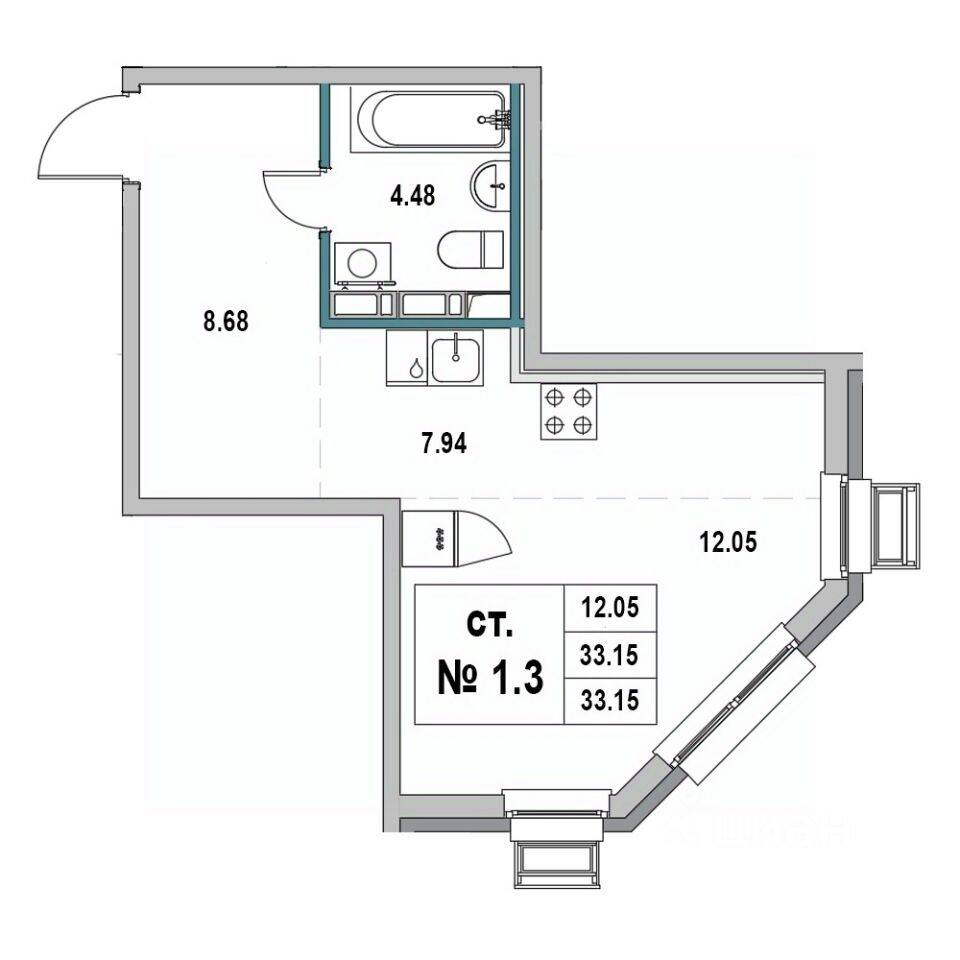 Квартира-студия, 33,15 м², в ЖК «Новый город» (Выборг)