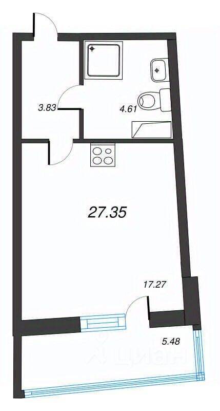 Планировка 1 комнатной квартиры, 27.35 м², в «Левитан»