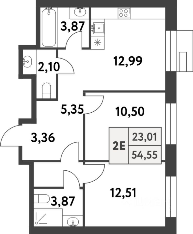Планировка 2 комнатной квартиры, 54.5 м², в «Smart Garden»