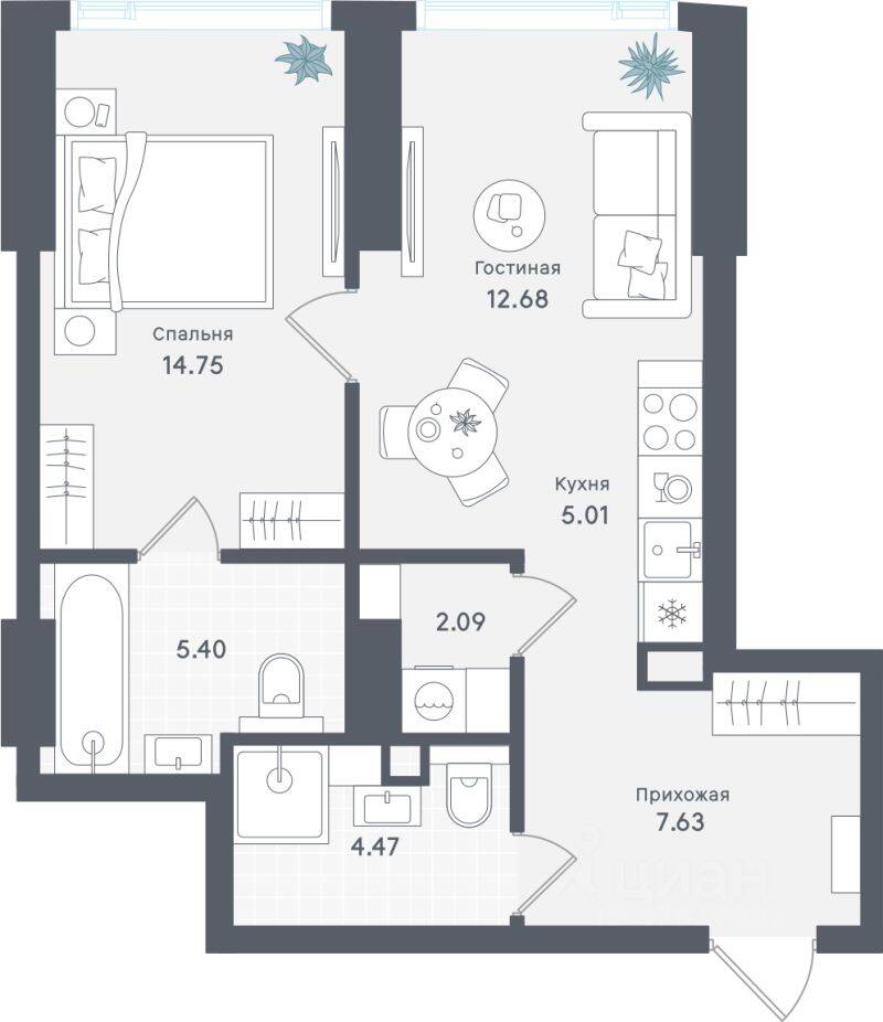 1-комн. квартира, 52,03 м², в ЖК «Солос»
