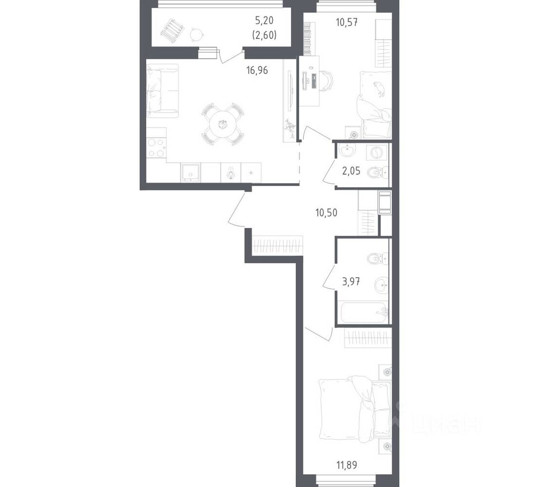 2-комн. квартира, 58,54 м², в ЖК Южная Нева