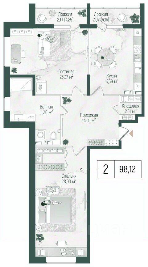 2-комн. квартира, 102,32 м², в ЖК Riga Hills