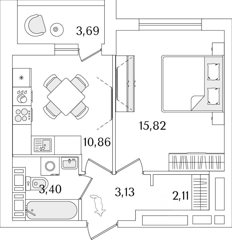 Планировка 1 комнатной квартиры, 39 м², в «Лайнеръ»