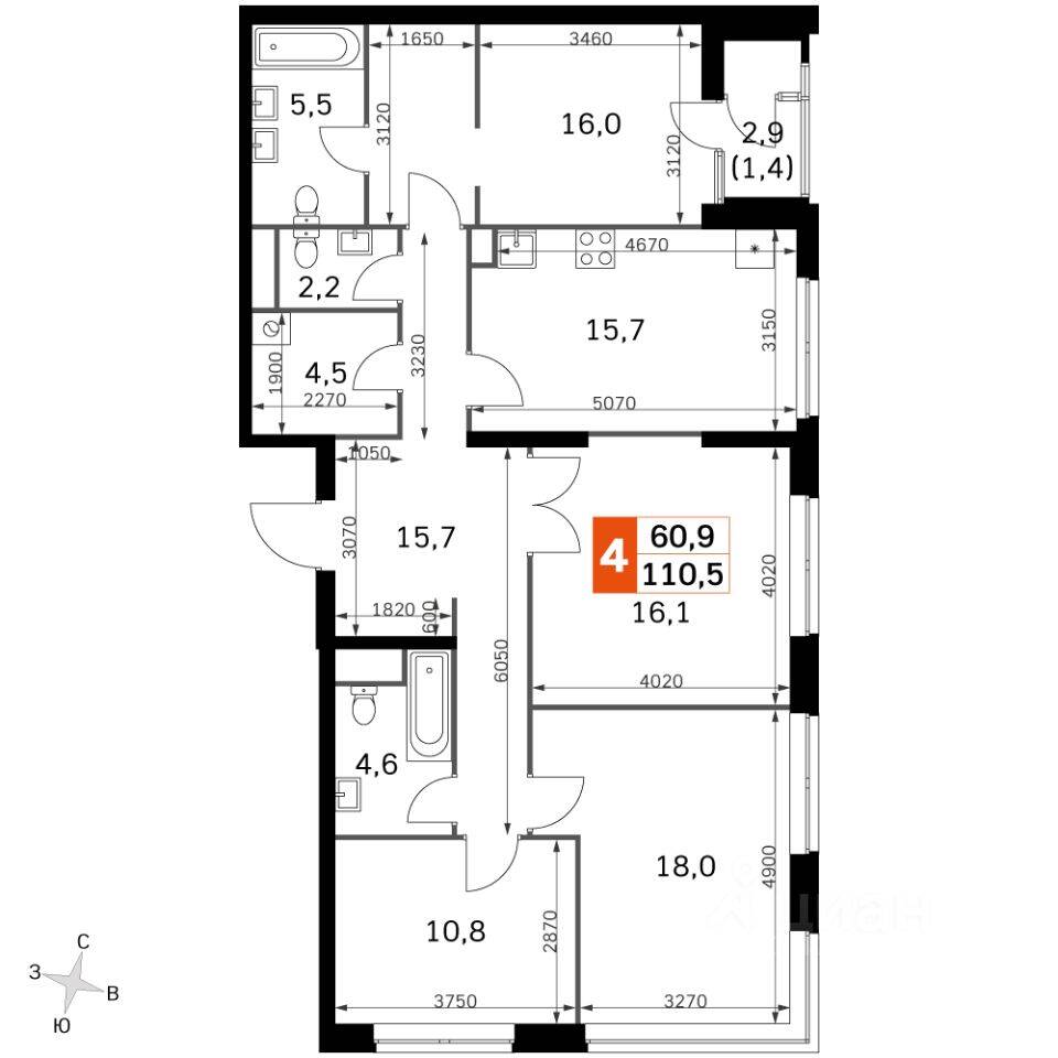 4-комн. квартира, 110,4 м², в ЖК Sky Garden