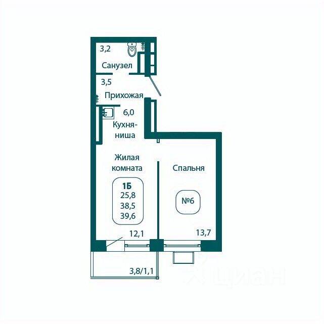 1-комн. квартира, 39,6 м², в ЖК Андреевка LIFE