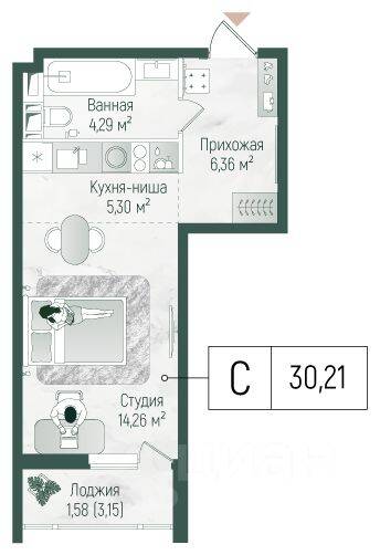 Квартира-студия, 31,79 м², в ЖК Riga Hills