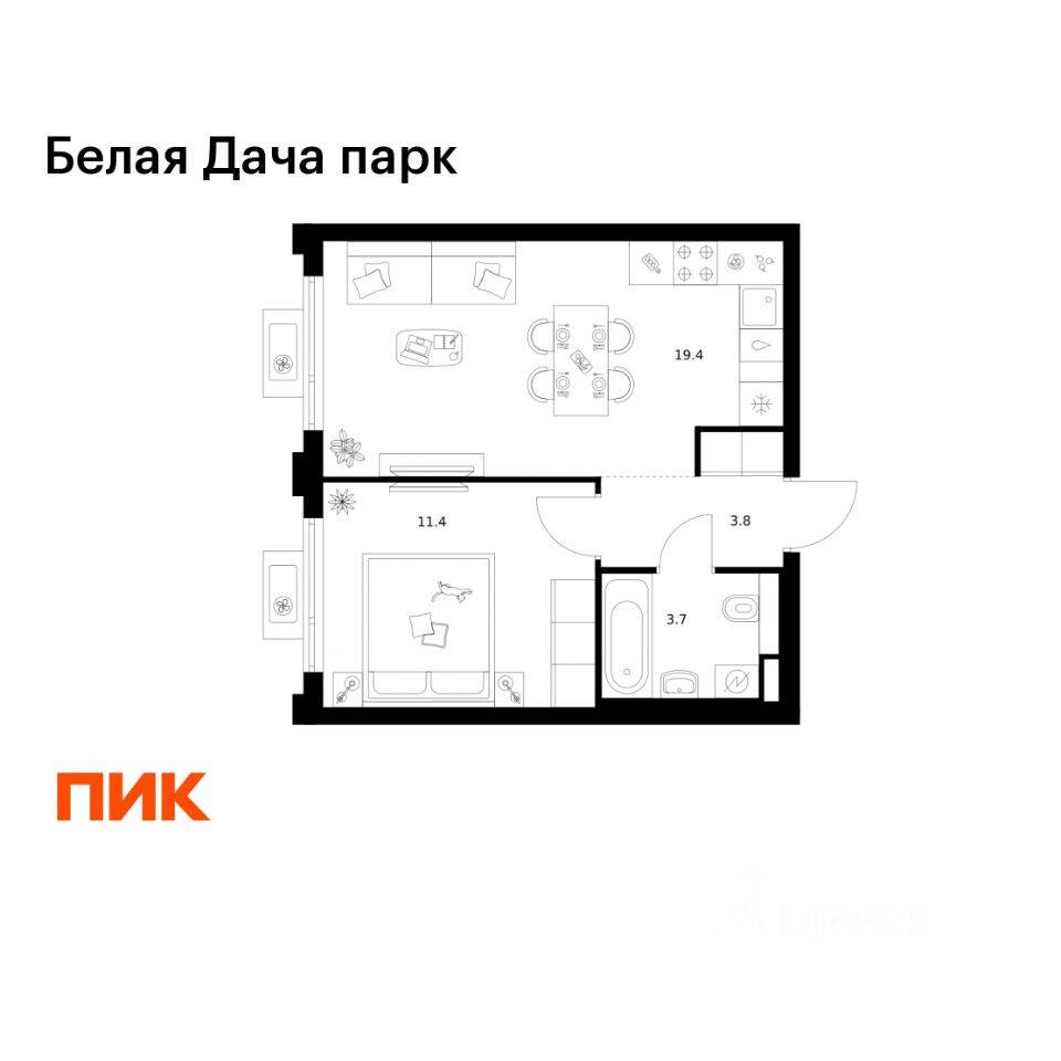 1-комн. квартира, 38,3 м², в ЖК «Белая Дача парк»