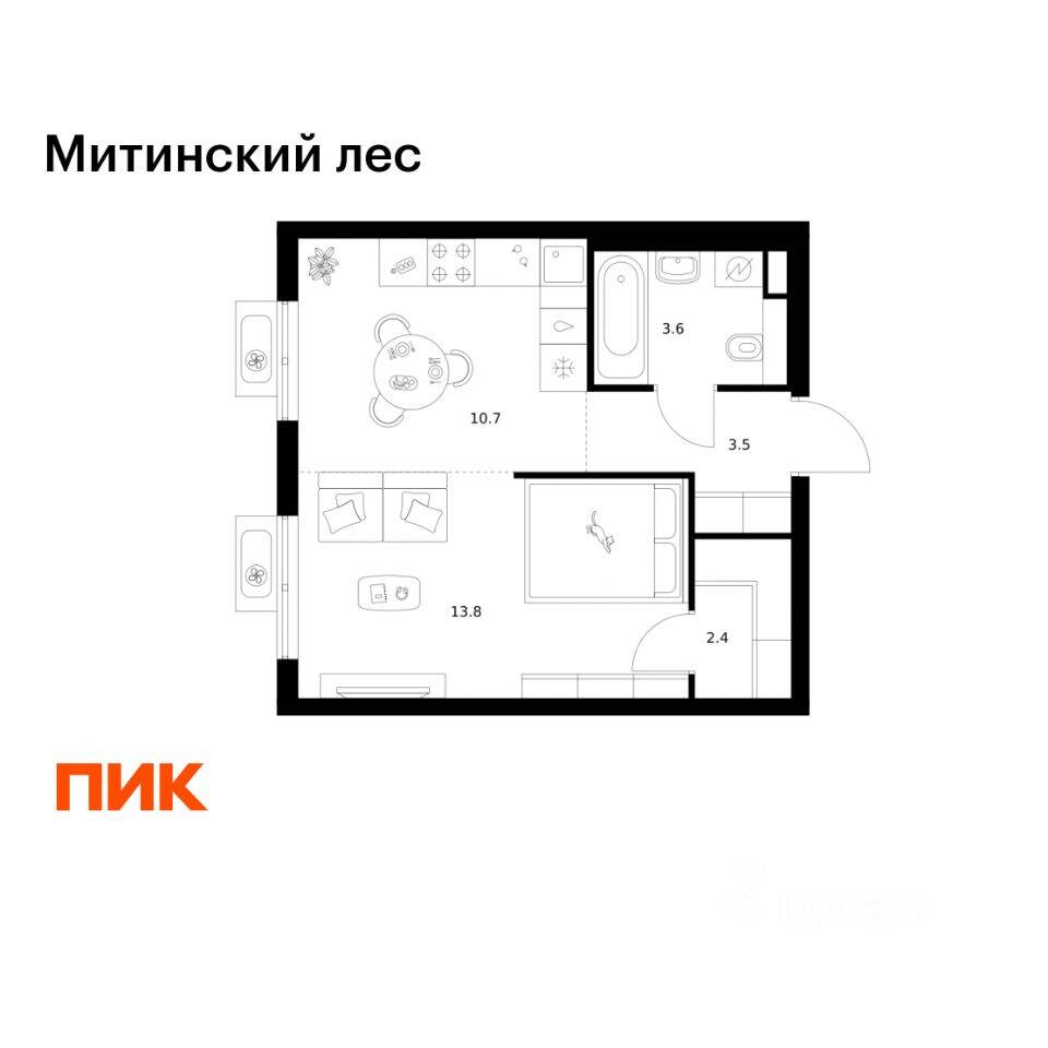 1-комн. квартира, 34 м², в ЖК Митинский лес