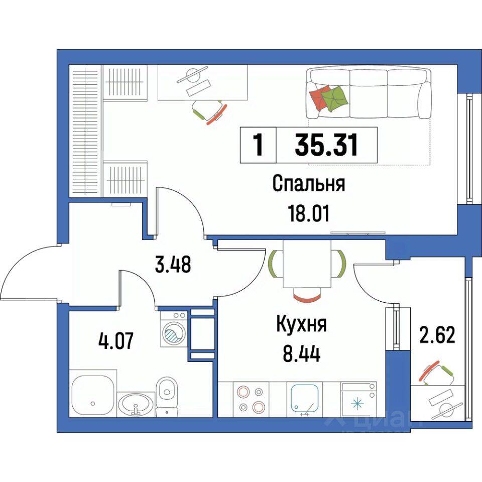 1-комн. квартира, 35,31 м², в ЖК «Урбанист»