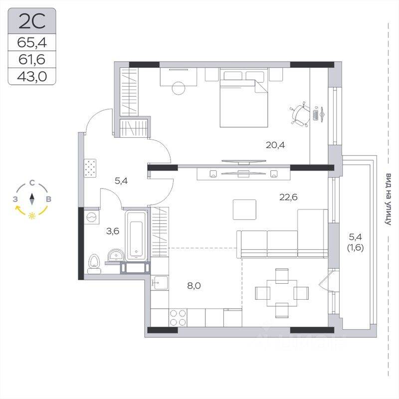 2-комн. квартира, 61,4 м², в ЖК «Пироговская Ривьера»