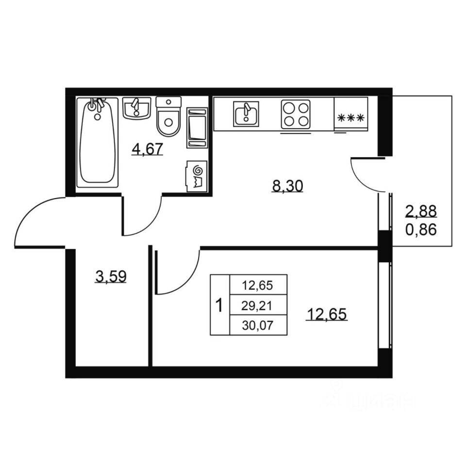 1-комн. квартира, 30,07 м², в ЖК Перспектива