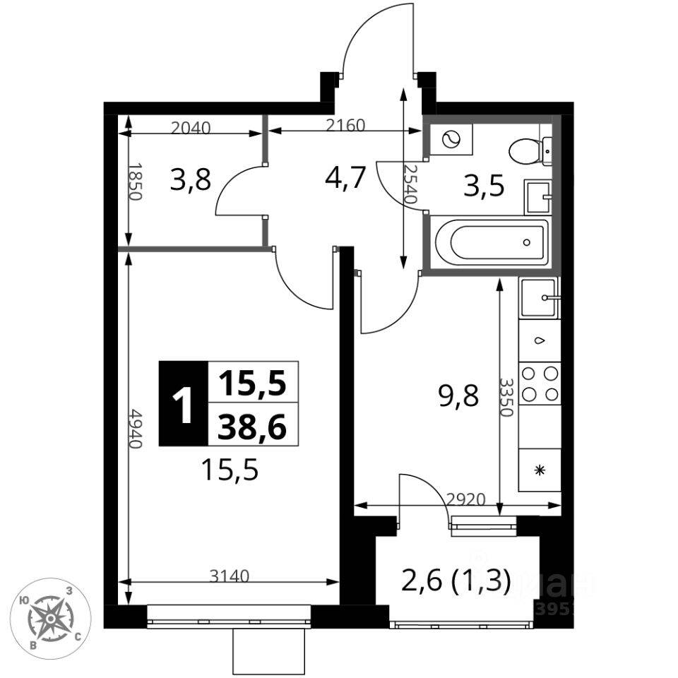 1-комн. квартира, 38,6 м², в ЖК 1-й Донской