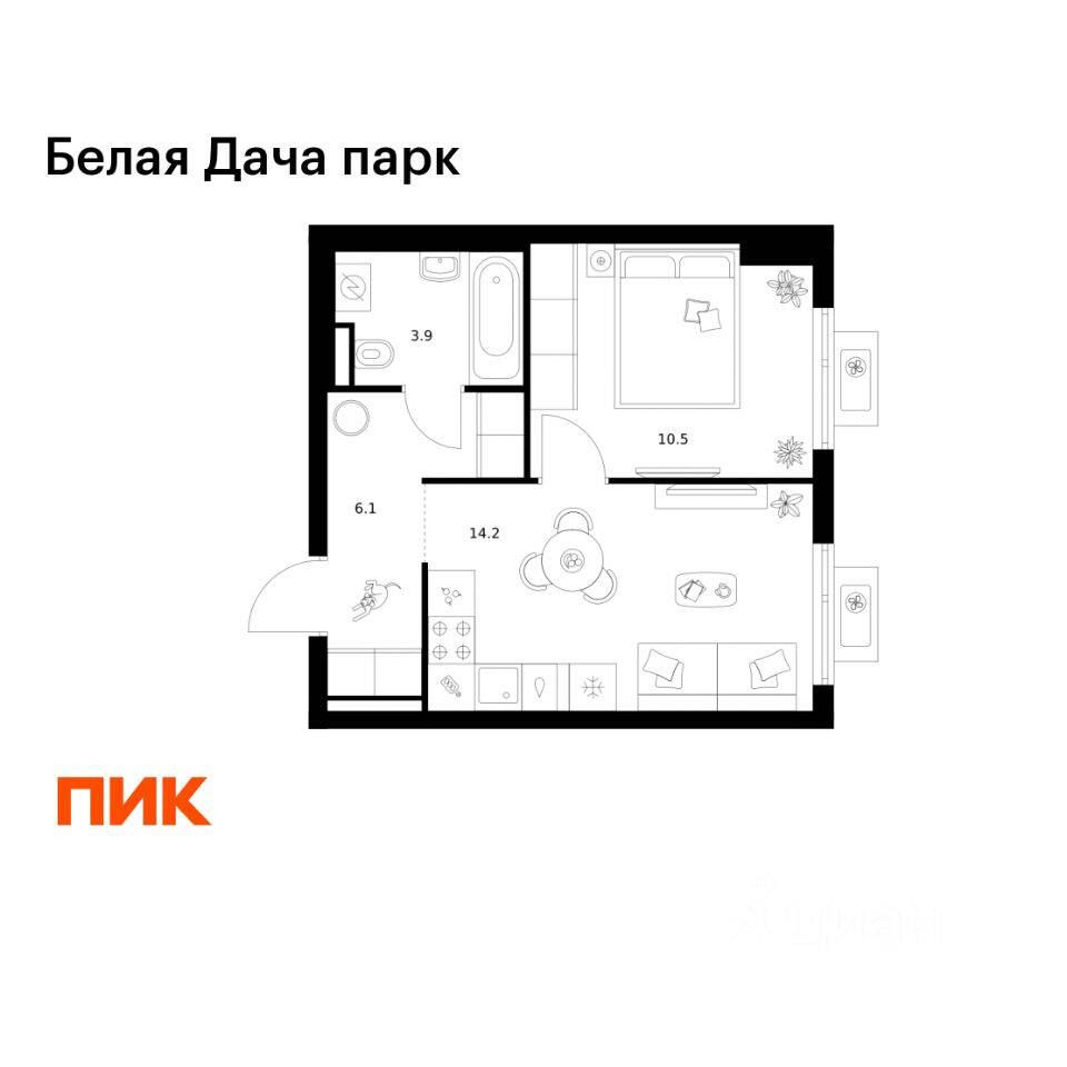 1-комн. квартира, 34,7 м², в ЖК «Белая Дача парк»