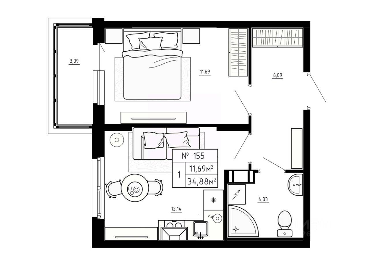1-комн. квартира, 34,88 м², в Малоэтажный ЖК Аннино Сити