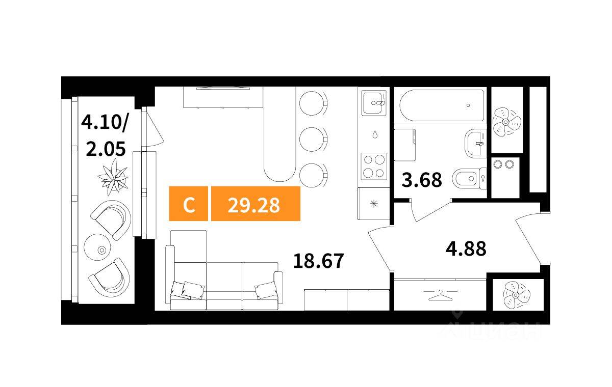 Квартира-студия, 29,28 м², в ЖК Планерный квартал