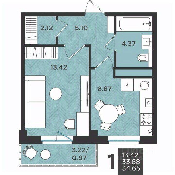 Планировка 1 комнатной квартиры, 34.65 м², в «Новокасимово»