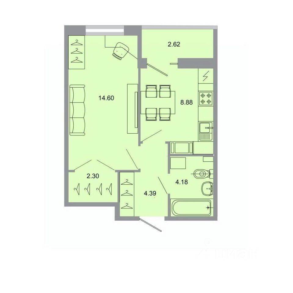 Планировка 1 комнатной квартиры, 34.6 м², в «Стороны света»