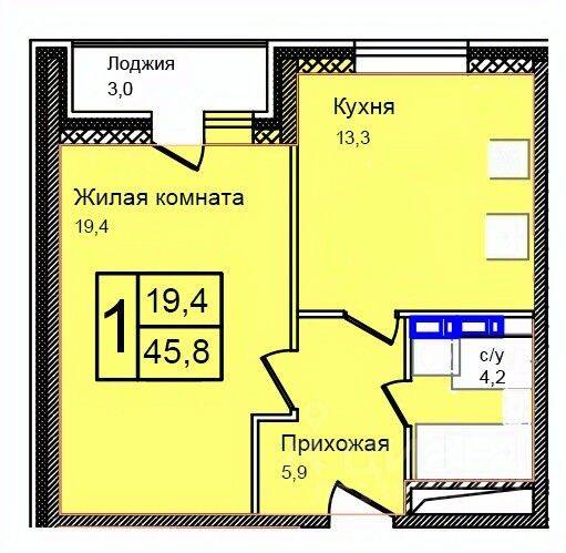 Планировка 1 комнатной квартиры, 45.8 м², в «Троицкий»