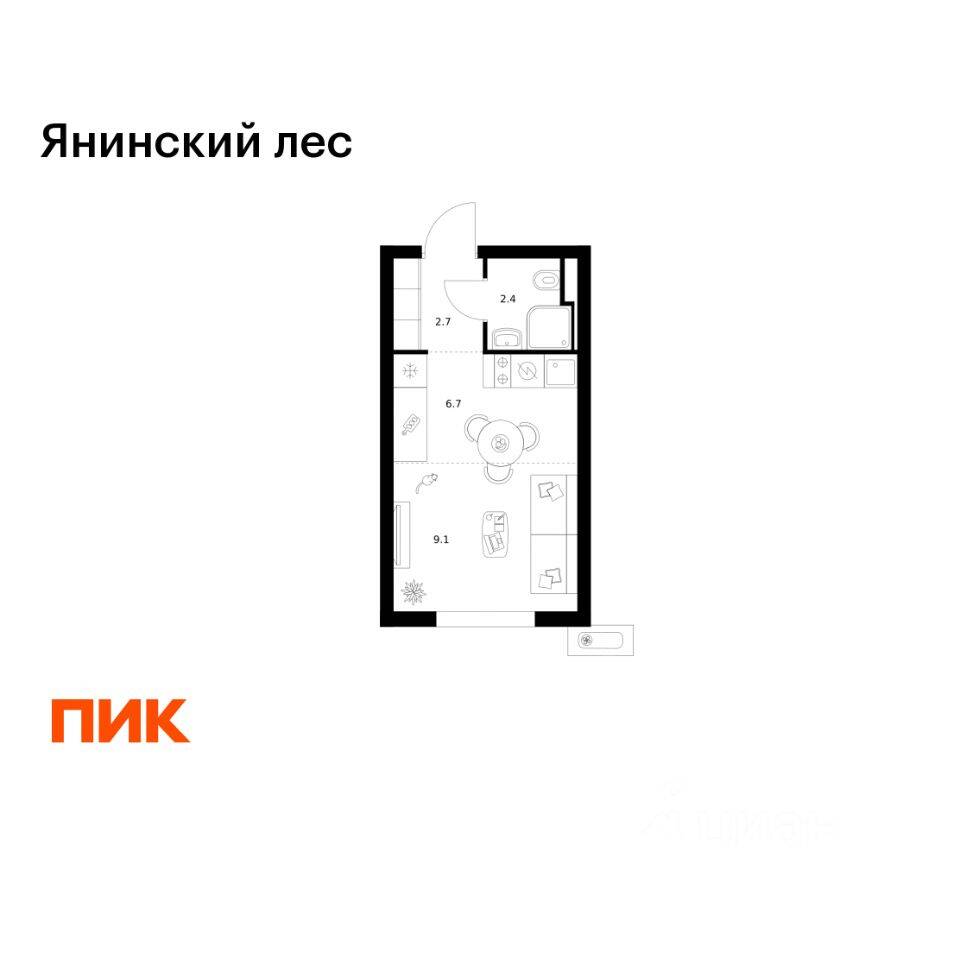 Квартира-студия, 20,9 м², в ЖК Янинский лес