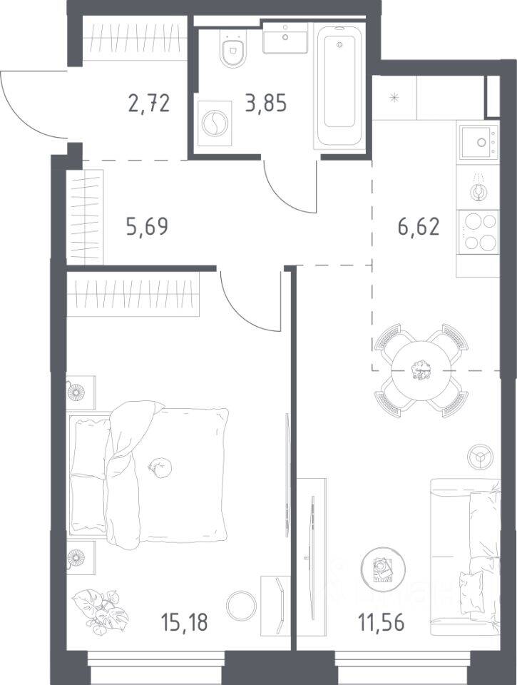 1-комн. квартира, 45,62 м², в ЖК Квартал Строгино
