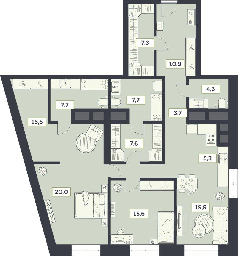 3-комн. квартира, 129,8 м², в ЖК «Лайм»