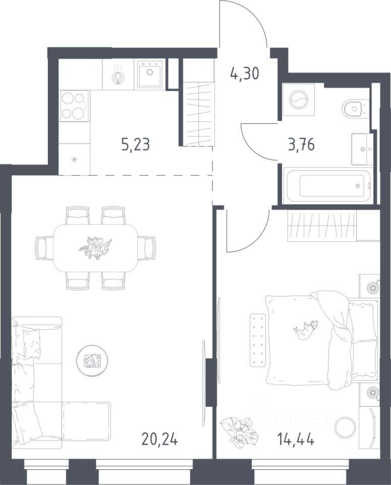 1-комн. квартира, 47,97 м², в ЖК Заречье Парк