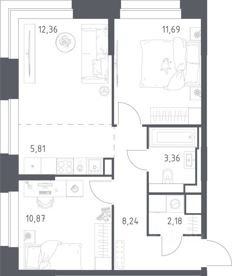 2-комн. квартира, 54,6 м², в Апарт-комплекс Верейская 41