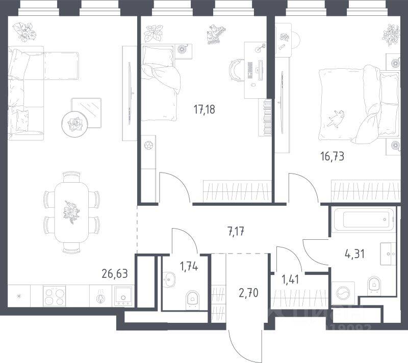 2-комн. квартира, 77,87 м², в ЖК Квартал на воде