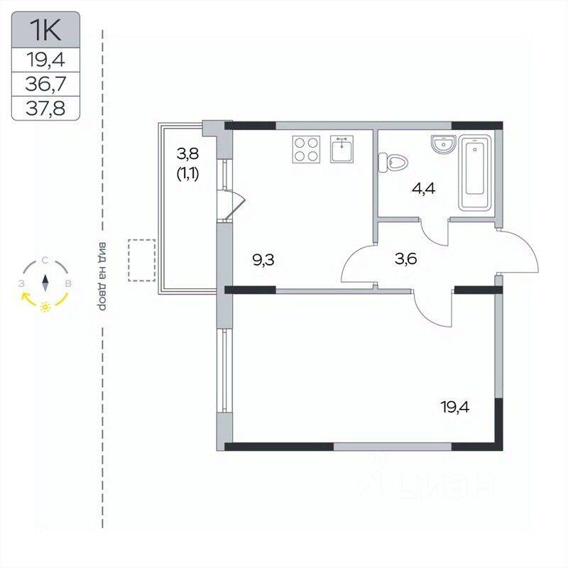 1-комн. квартира, 37,8 м², в ЖК «Пироговская Ривьера»