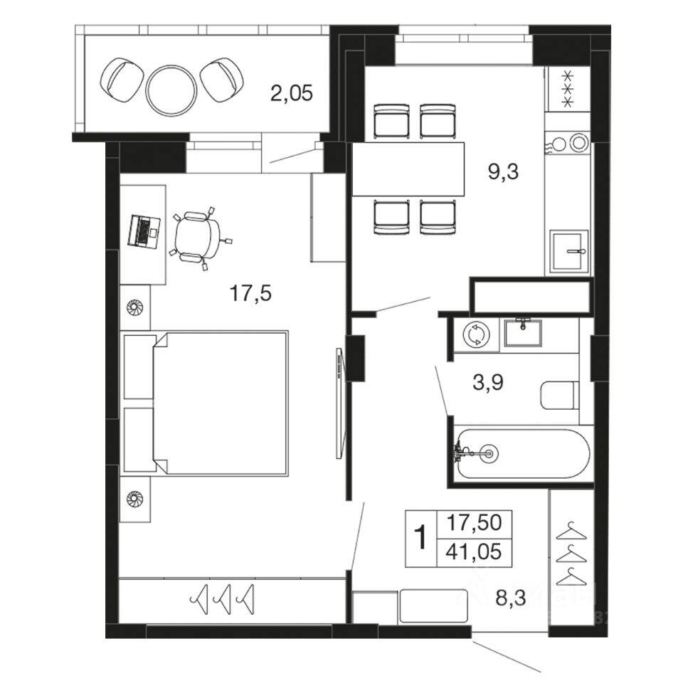 1-комн. квартира, 41,1 м², в ЖК «Времена года»