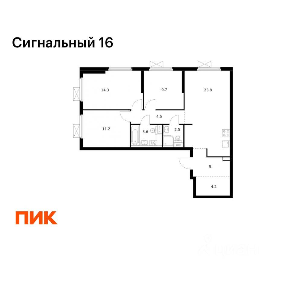 3-комн. квартира, 78,8 м², в ЖК Сигнальный 16