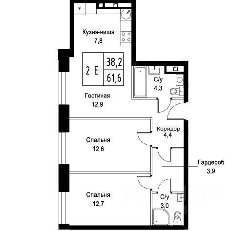 2-комн. квартира, 61,6 м², в Апарт-комплекс Aist Residence