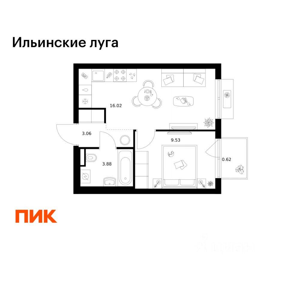 1-комн. квартира, 33,11 м², в ЖК «Ильинские луга»