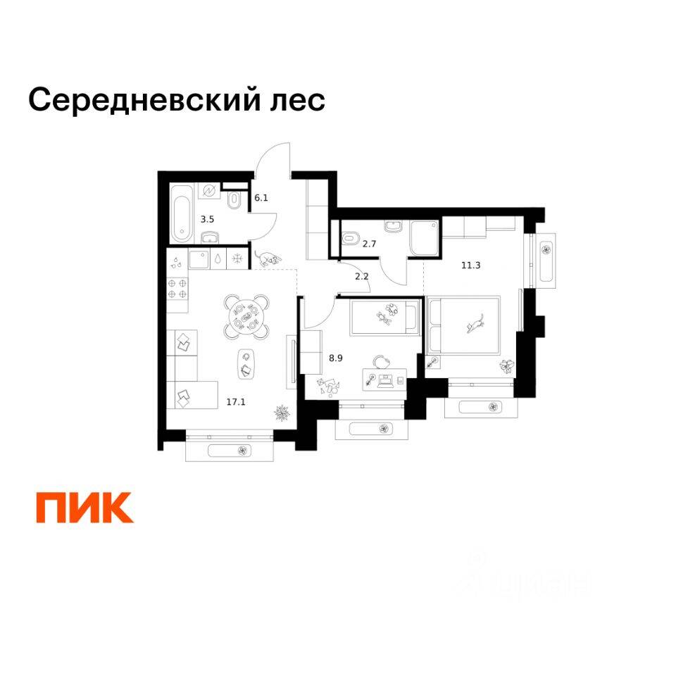 2-комн. квартира, 51,8 м², в ЖК Середневский лес