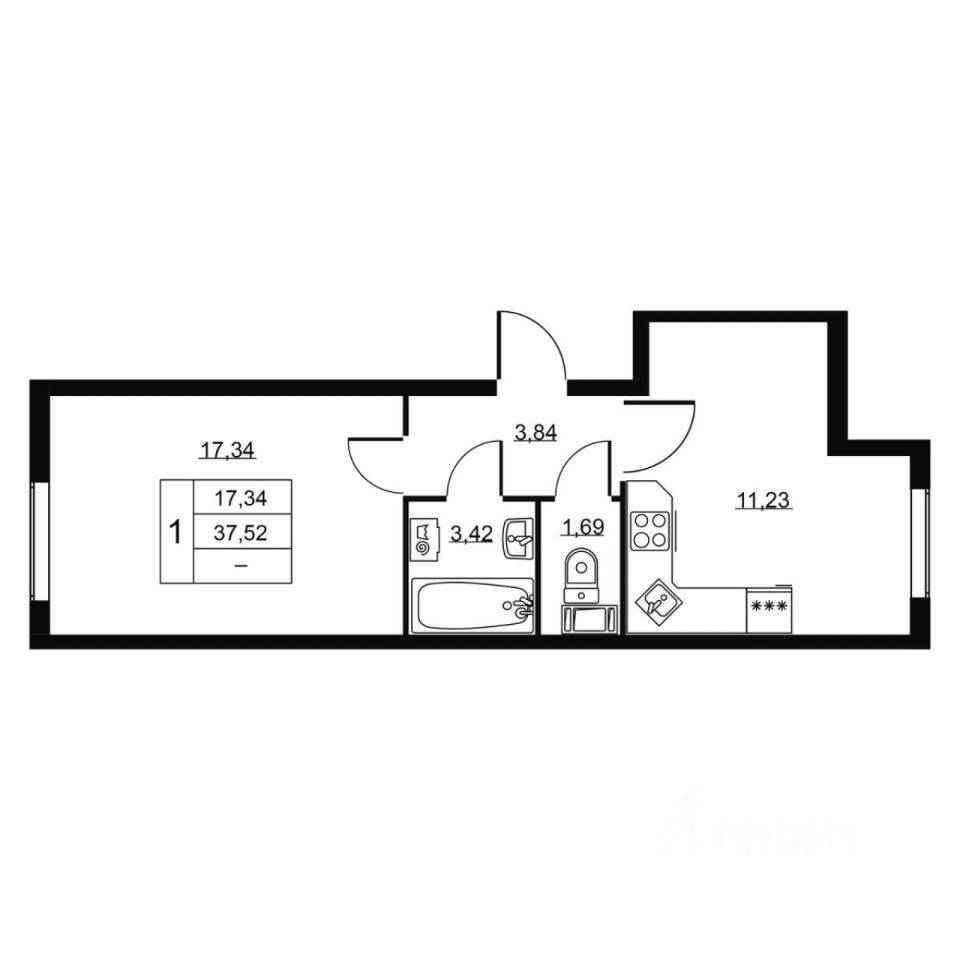 1-комн. квартира, 37,52 м², в ЖК Перспектива