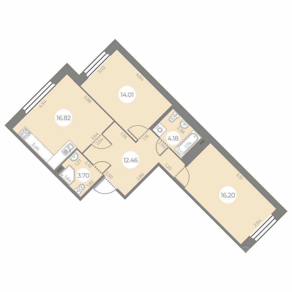 Планировка 2 комнатной квартиры, 67.37 м², в «Огни Залива»