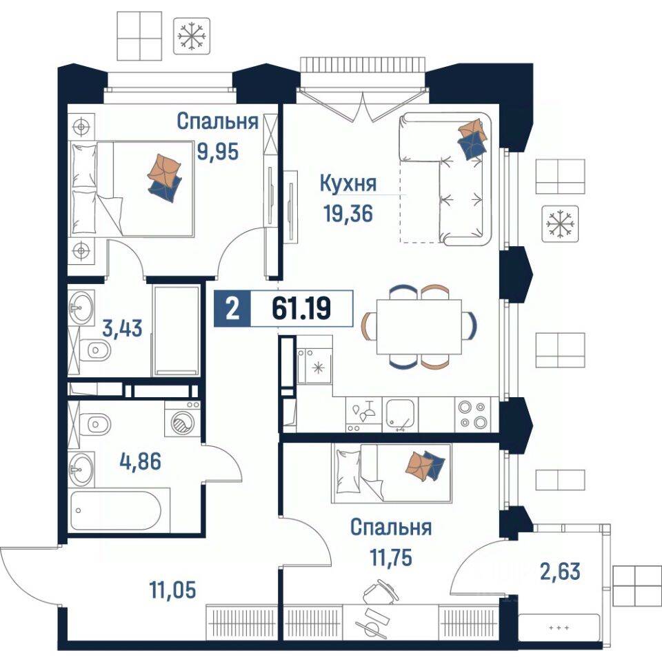 2-комн. квартира, 61,19 м², в ЖК Максималист